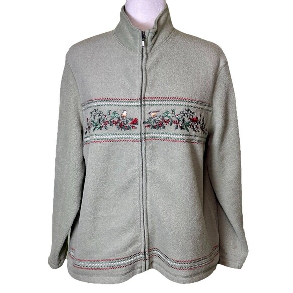 Women’s Green Fleece Embroidered Jacket Cardinals Birds Holly Cottagecore Sz PL - Picture 1 of 8